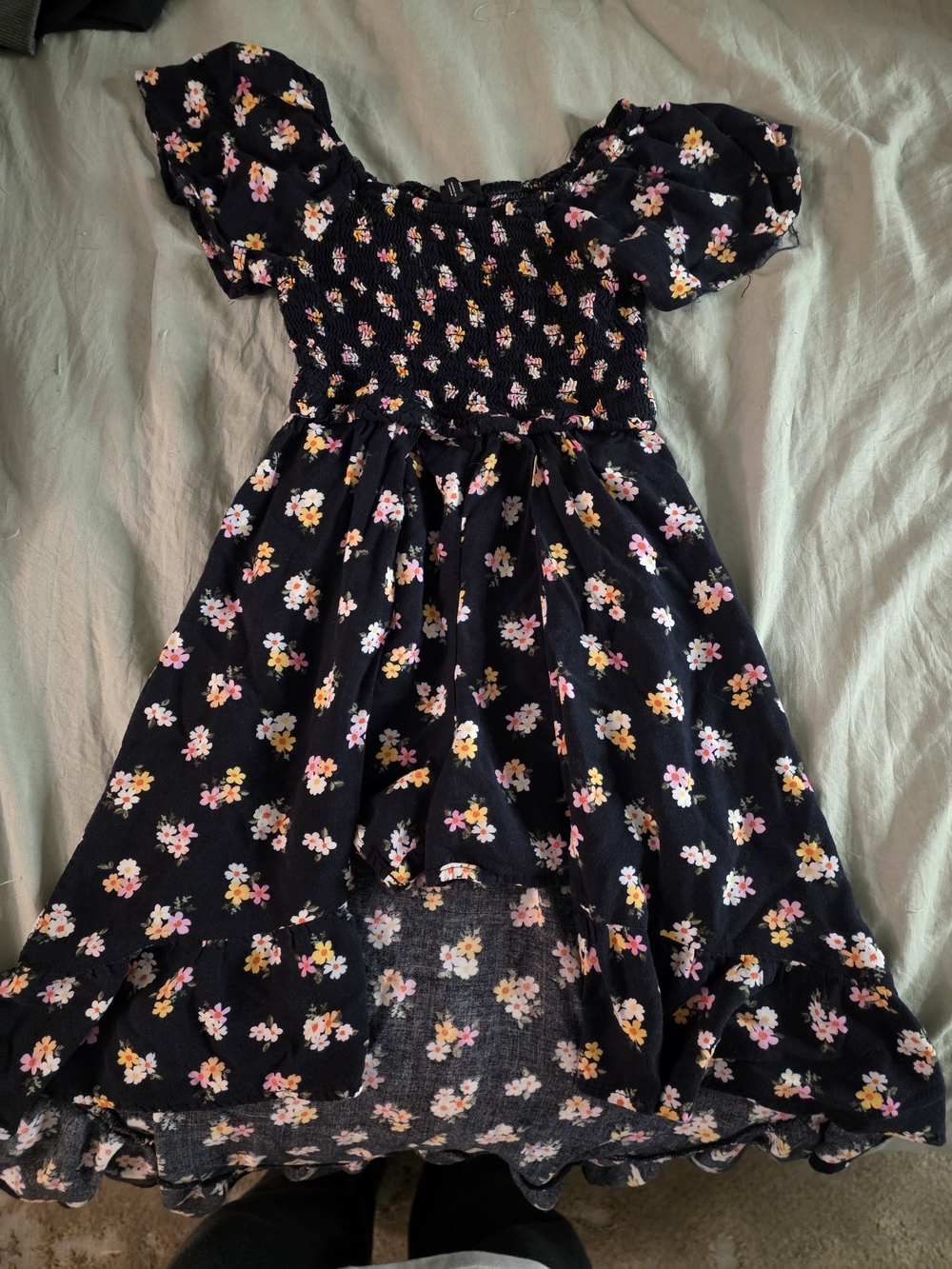 art class Black Floral Puff-Sleeve Smocked Dress with Pink and Yellow Flowers